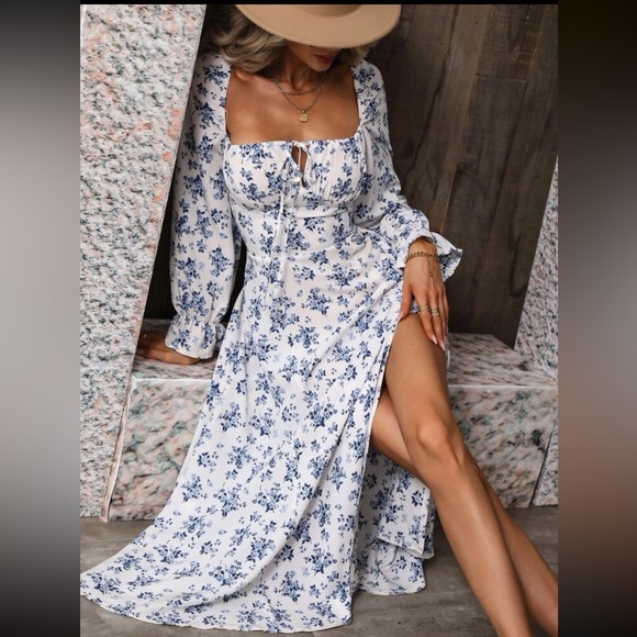 Boho Floral Print Puff Sleeve Split Thigh Cottagecore Dress - Picture 3 of 14